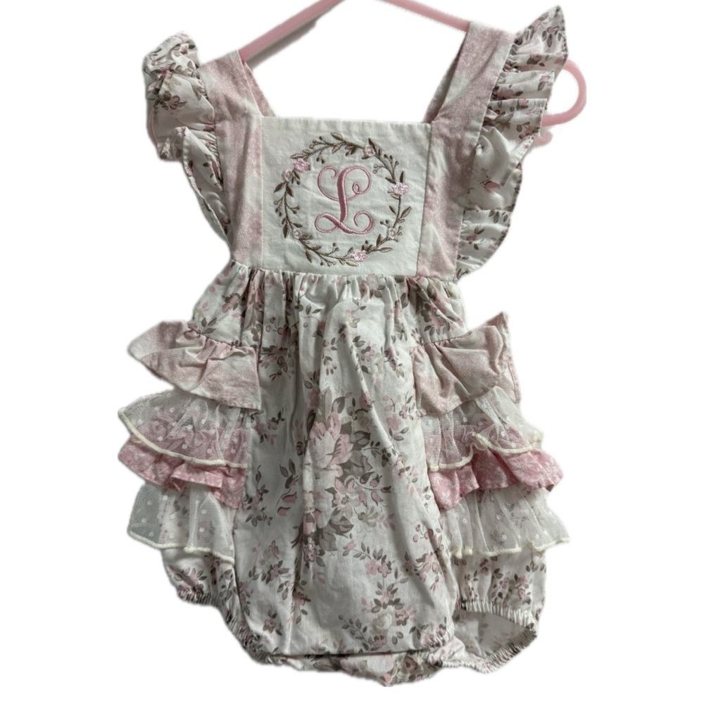 Ricrac & Ruffles Floral Ruffled Baby Romper - Size 12M - Monogrammed L